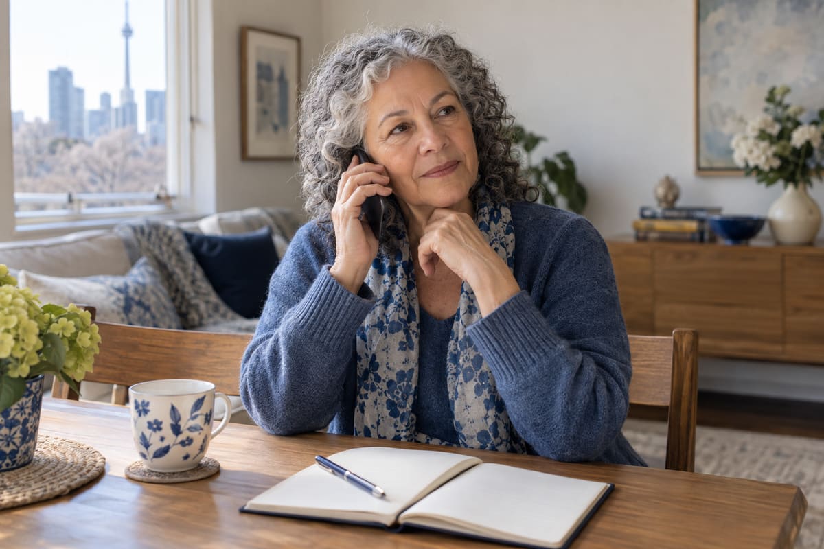 Illustrative scene of an older woman taking a phone consultation at home, with a notebook nearby.